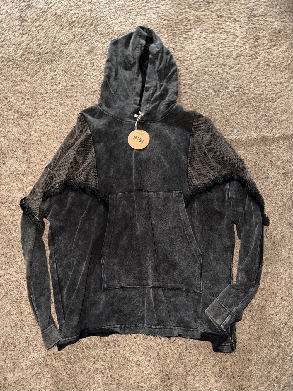 BiBi Washed Black Hoodie with Frayed Mesh Sleeve Detail